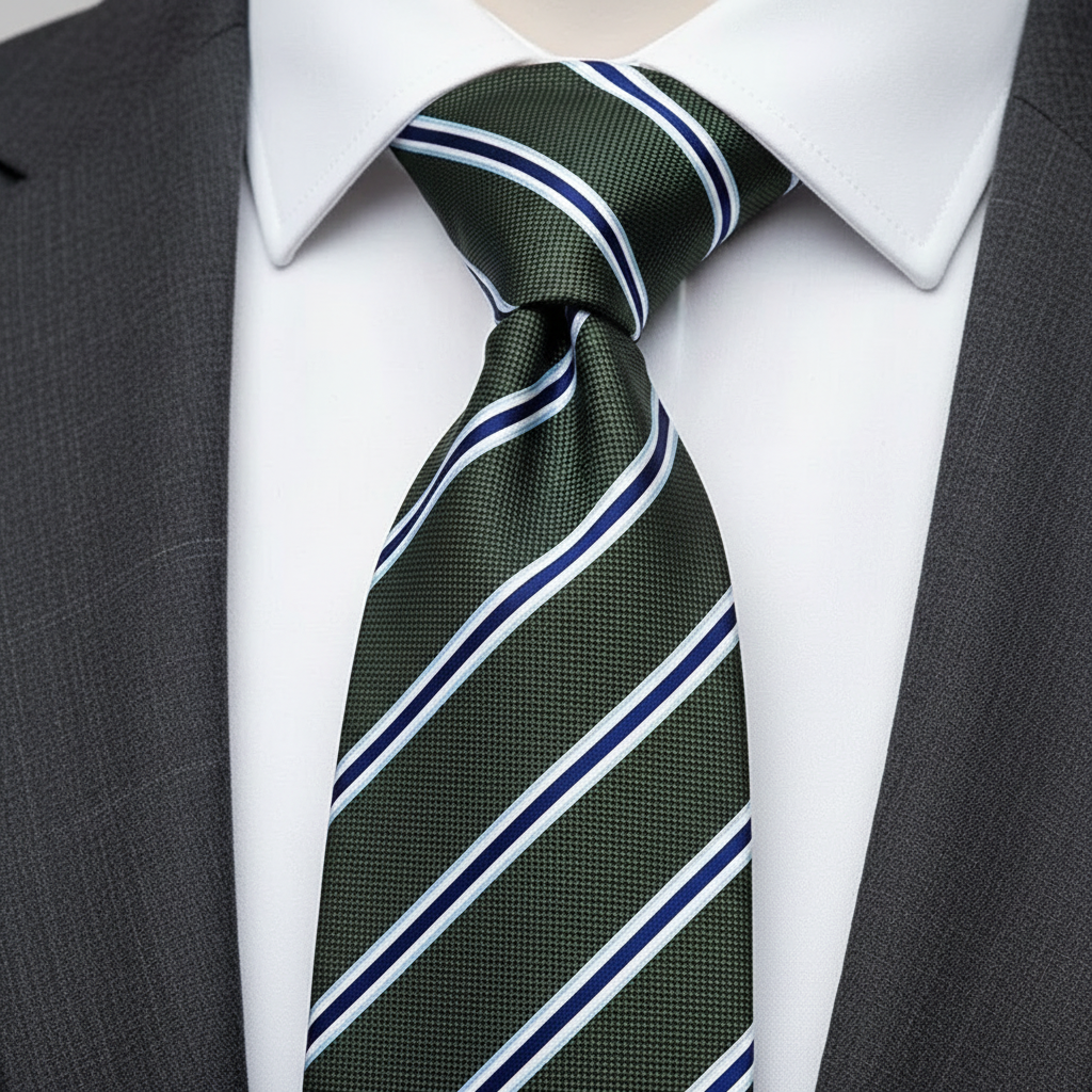Green tie with blue and white stripes on a white background