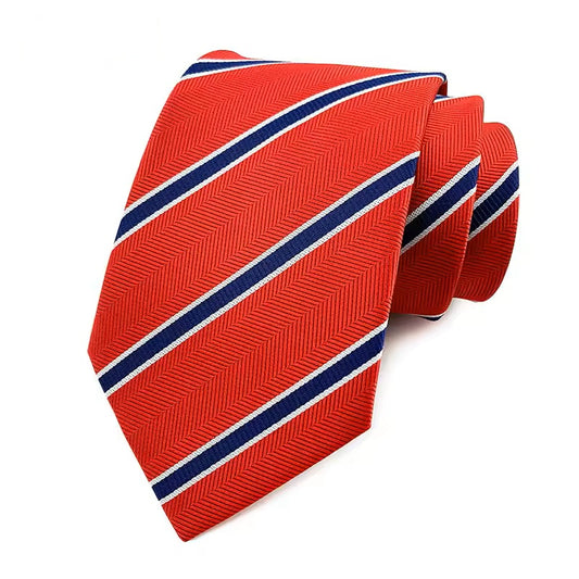 Red striped tie with blue and white lines on a white background