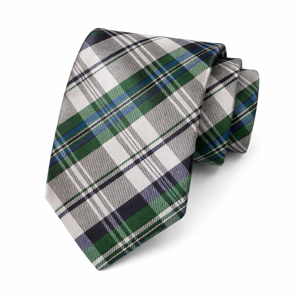 Plaid tie with green, blue, and white pattern on a white background