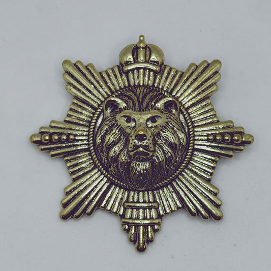 Decorative emblem with a lion's head and sunburst design