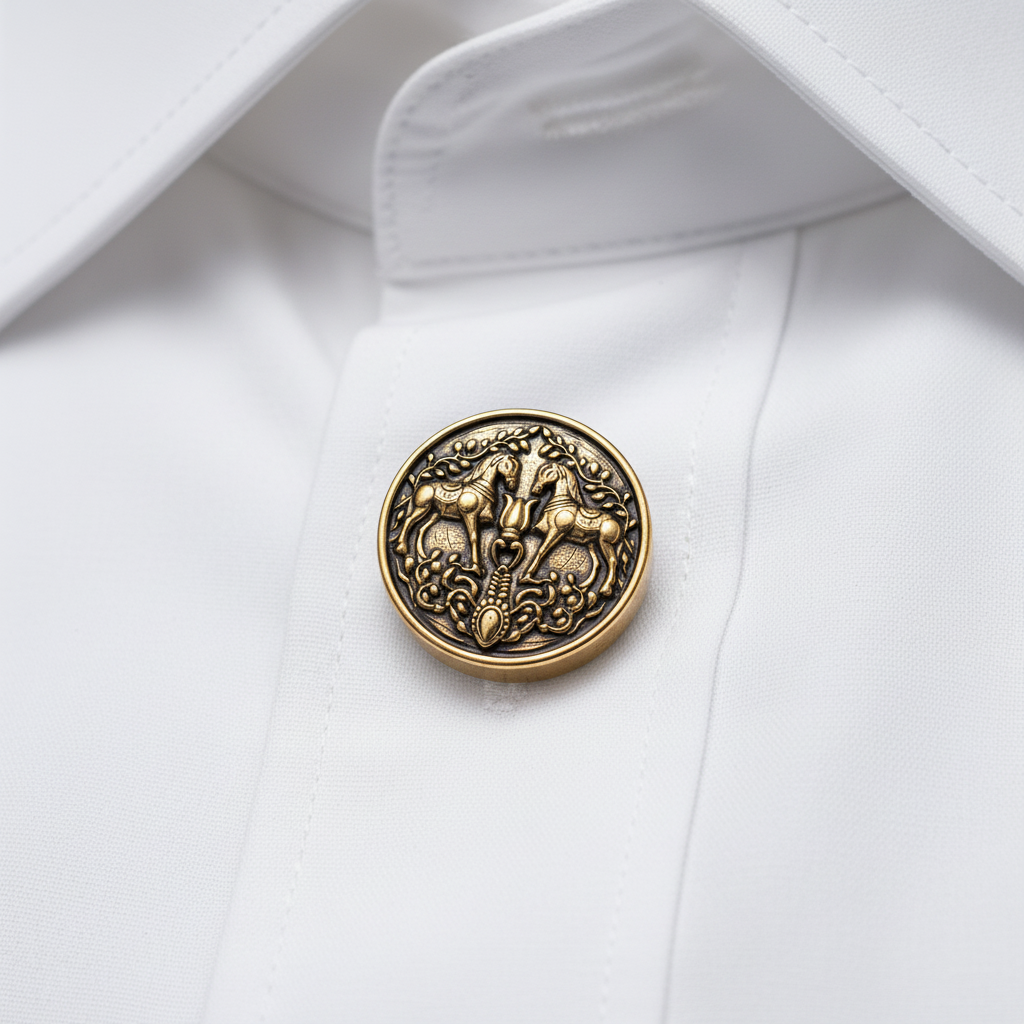 Decorative gold button on a white shirt