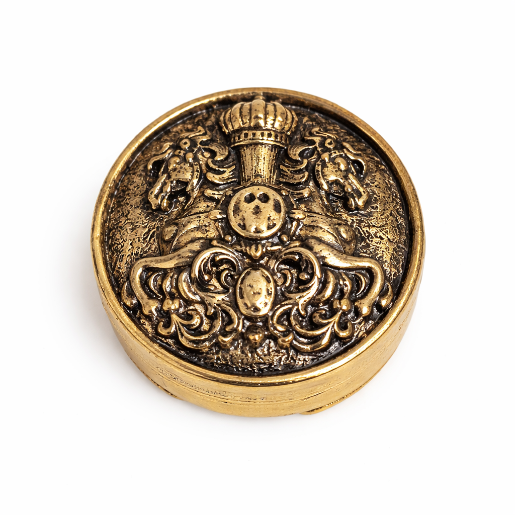 Rajputana Crest Heritage Button Cover antique gold 22mm with royal crown and lion motif for sherwani and kurta