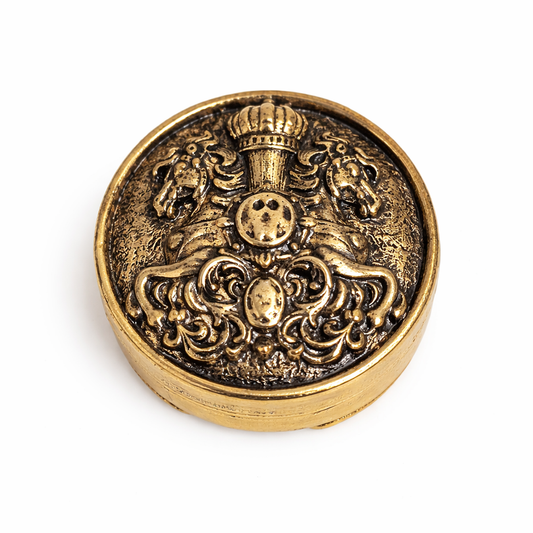 Rajputana Crest Heritage Button Cover antique gold 22mm with royal crown and lion motif for sherwani and kurta
