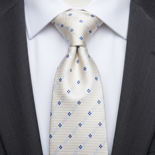 Close-up of a patterned tie on a white shirt with a gray suit jacket.