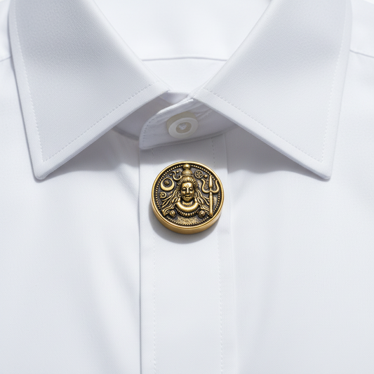 Decorative round object with a face design and symbols on a white background