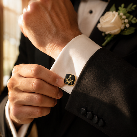 Man wearing Albetro Masonic gold cufflinks on white French cuff shirt