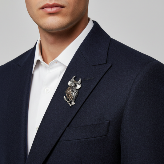 Midnight Wisdom Owl Crystal Brooch  Silver Finish