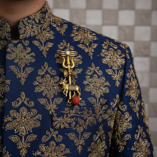 Divine Nandi Trishul Brooch – Sacred Gold Edition