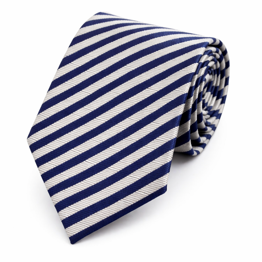 Navy and white striped tie on a white background