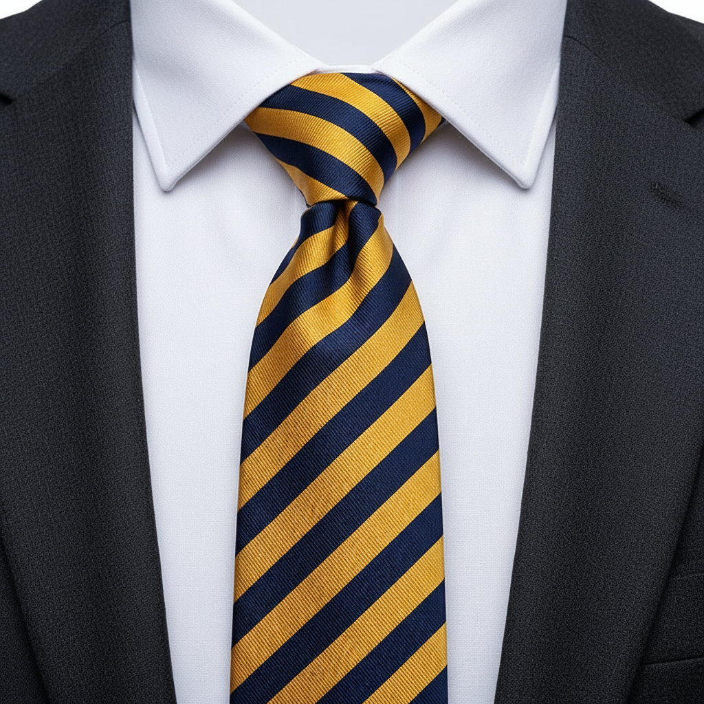 Navy and yellow striped tie on a white background