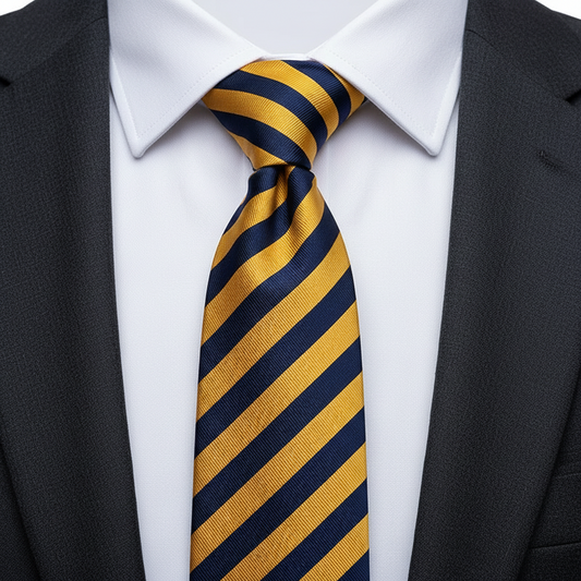 Navy and yellow striped tie on a white background