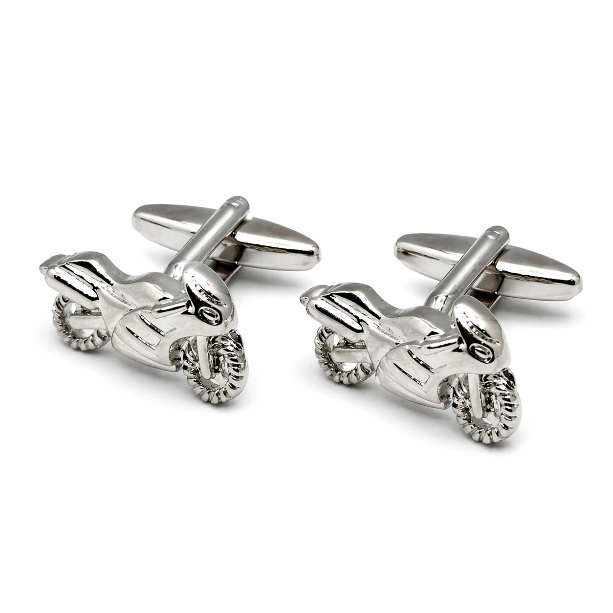Silver motorcycle-themed cufflinks on a white background