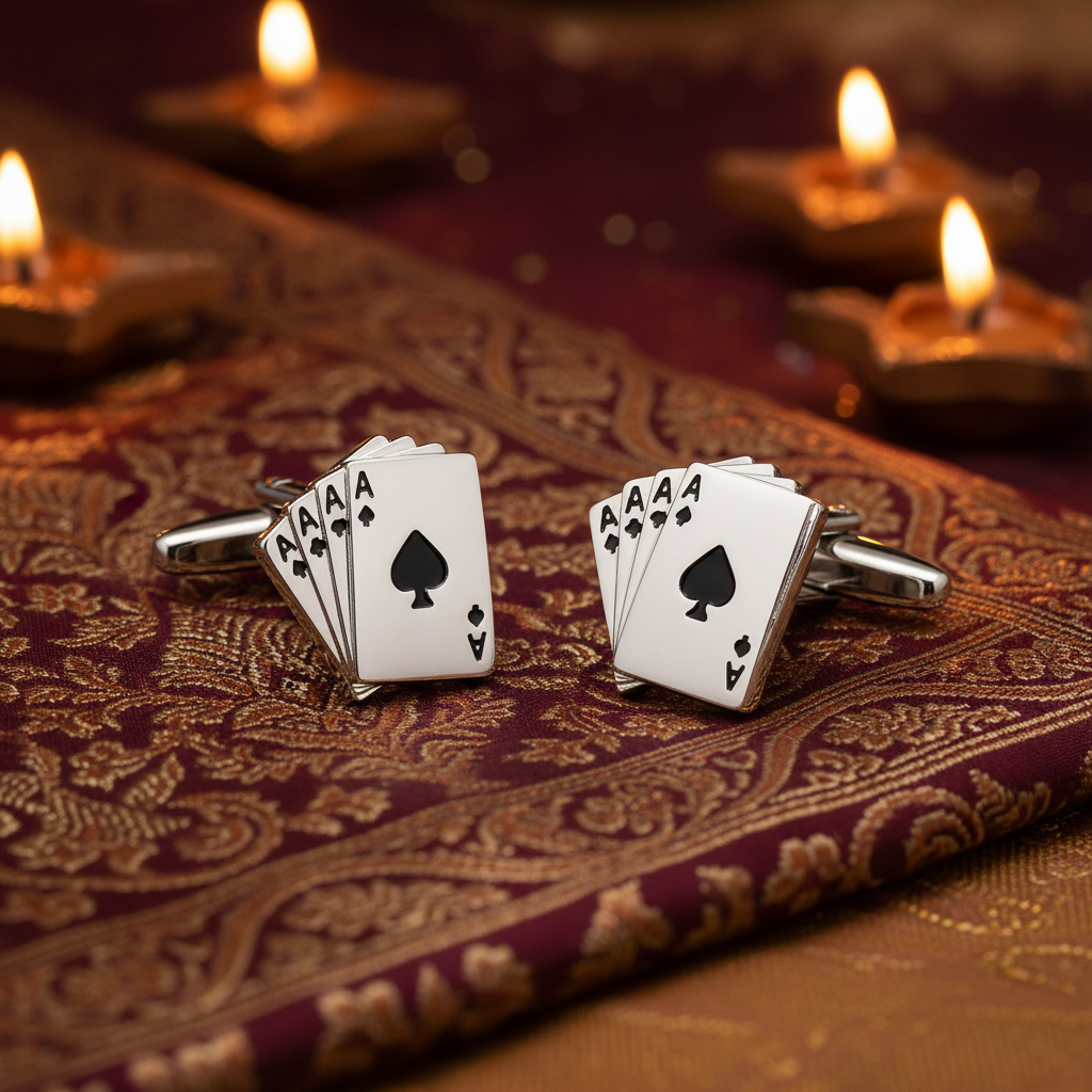 Silver cufflinks with playing card design on a white background