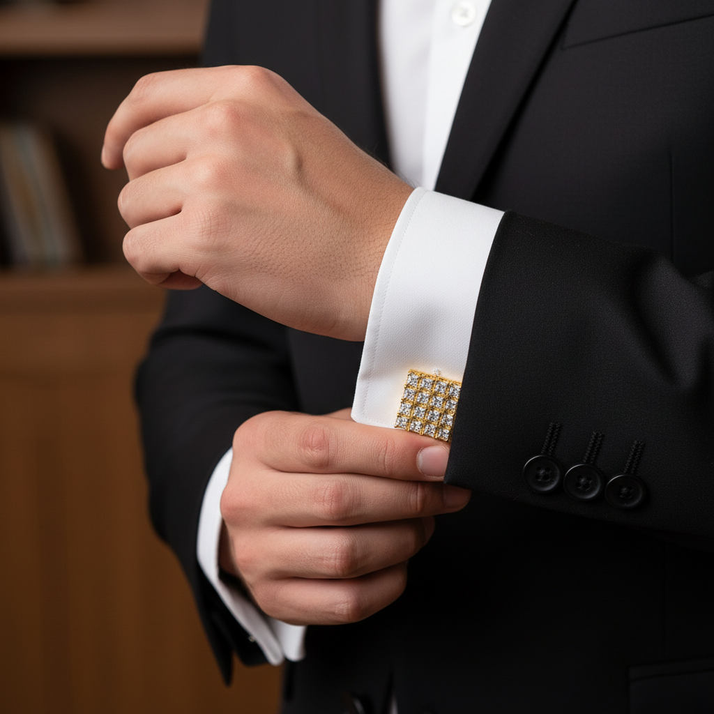 Royal Grid Crystal Gold Cufflinks