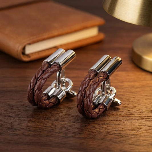 Cognac Weave — Braided Leather Cufflinks for Men