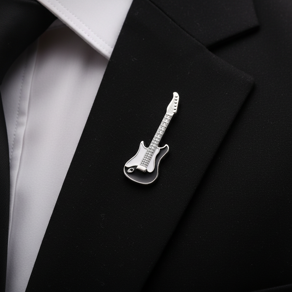 Rockstar Electric Guitar Lapel Pin  Silver & Black Finish