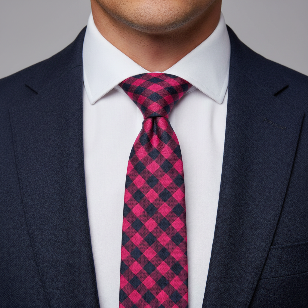 6cm Fuchsia Blue Check Plaid Cotton Tie