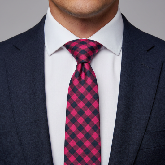 6cm Fuchsia Blue Check Plaid Cotton Tie