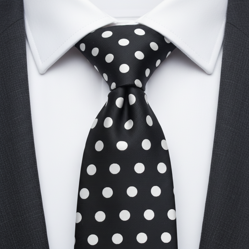 Jet Black Tie With Bright White Polka Dots