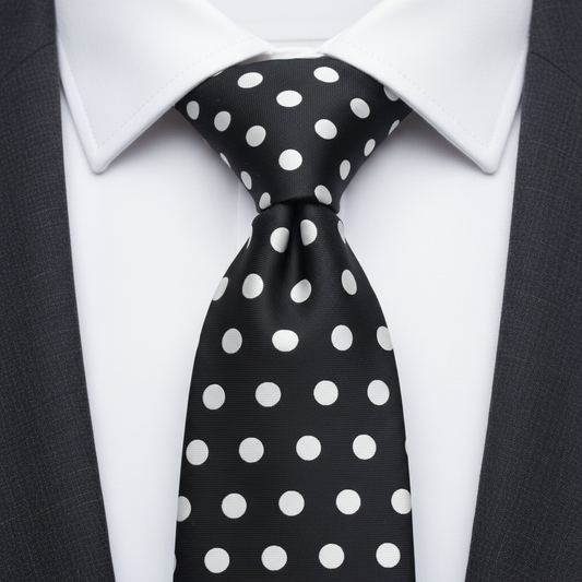 Jet Black Tie With Bright White Polka Dots