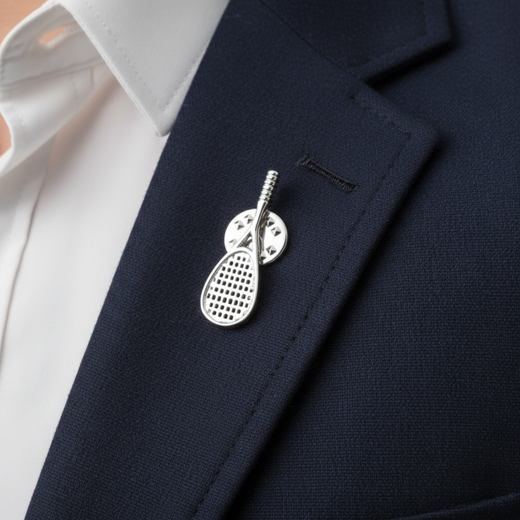 Silver Badminton Tennis Racket Lapel Pin