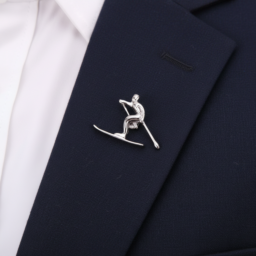 Silver Skiing Lapel Pin