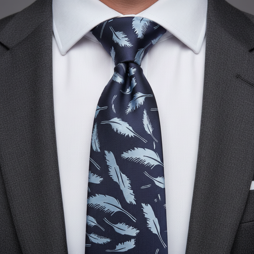 7cm Feather Printed Navy Blue Tie
