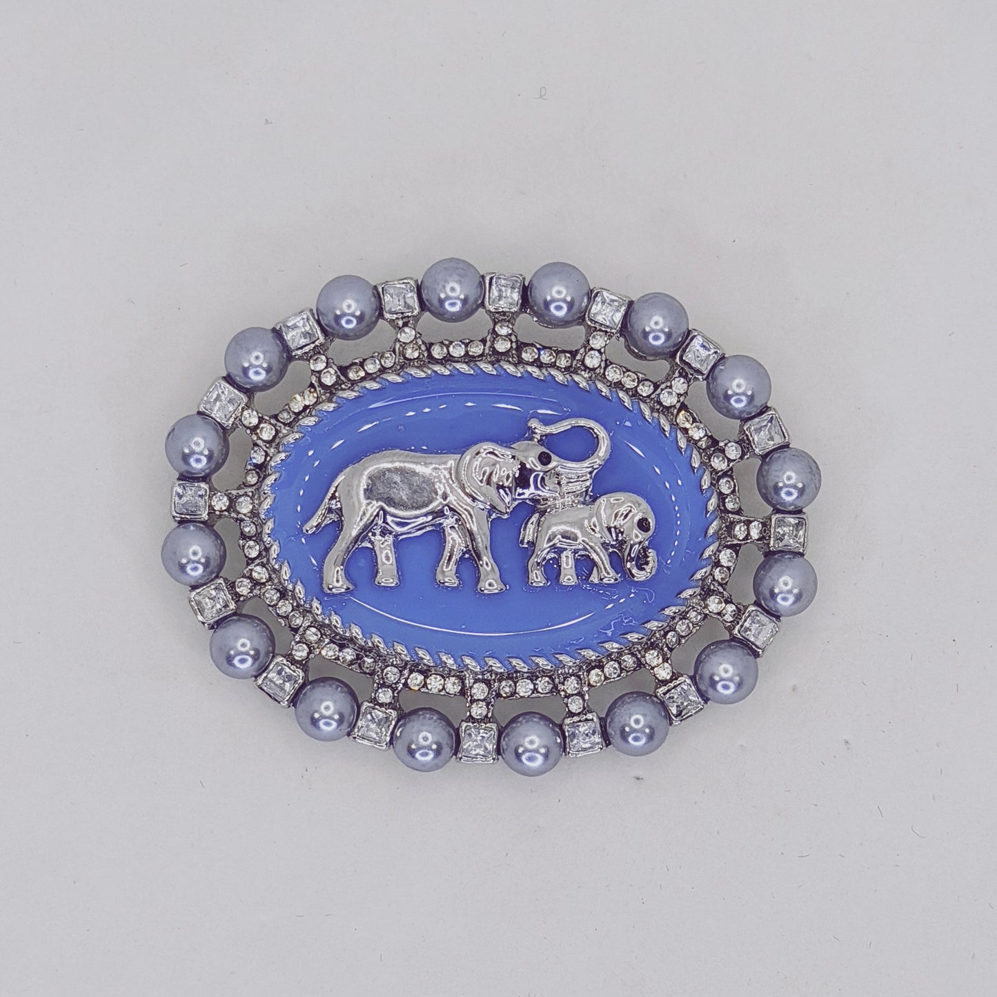 Grey Pearl Blue Enamel Elephant Brooch