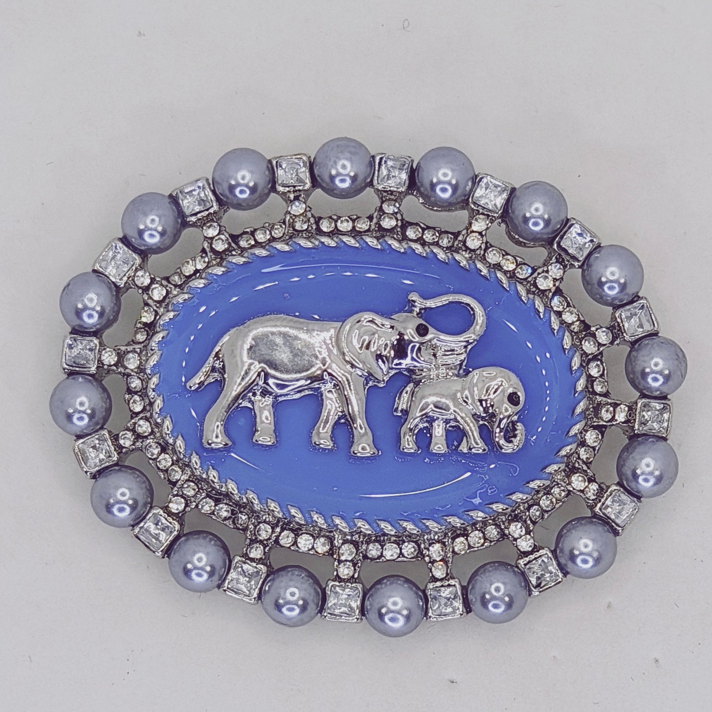 Grey Pearl Blue Enamel Elephant Brooch