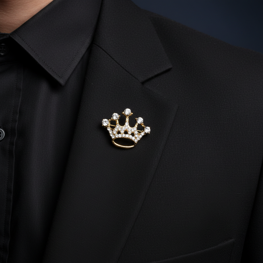 Gold Tone White Stone Crown Brooch