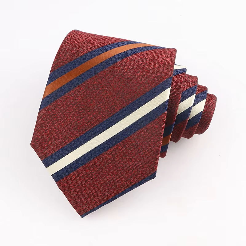 A Classic Burgundy Striped Tie with diagonal navy, white, and brown stripes.