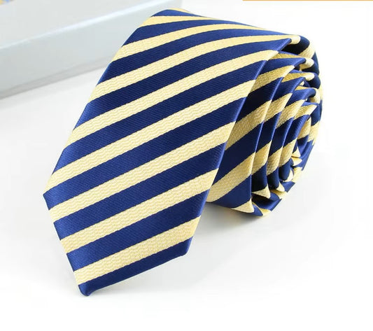 Blue and yellow striped tie on a white surface