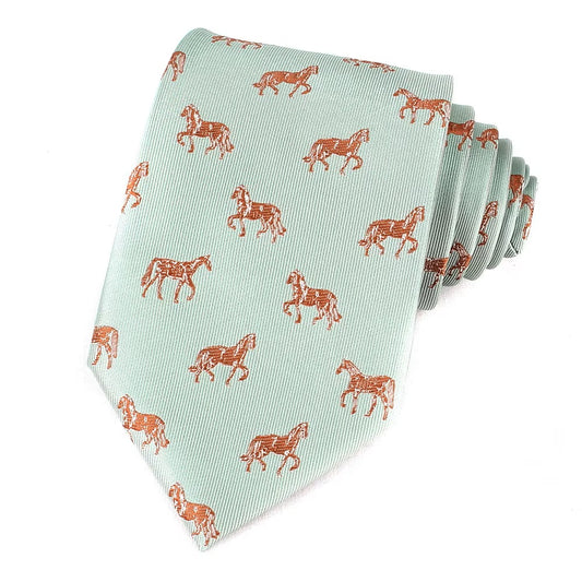 Light blue tie with orange horse pattern on a white background