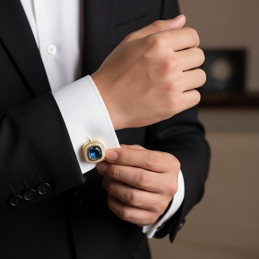 Royal Azure Gold Cufflinks with Crystal Halo