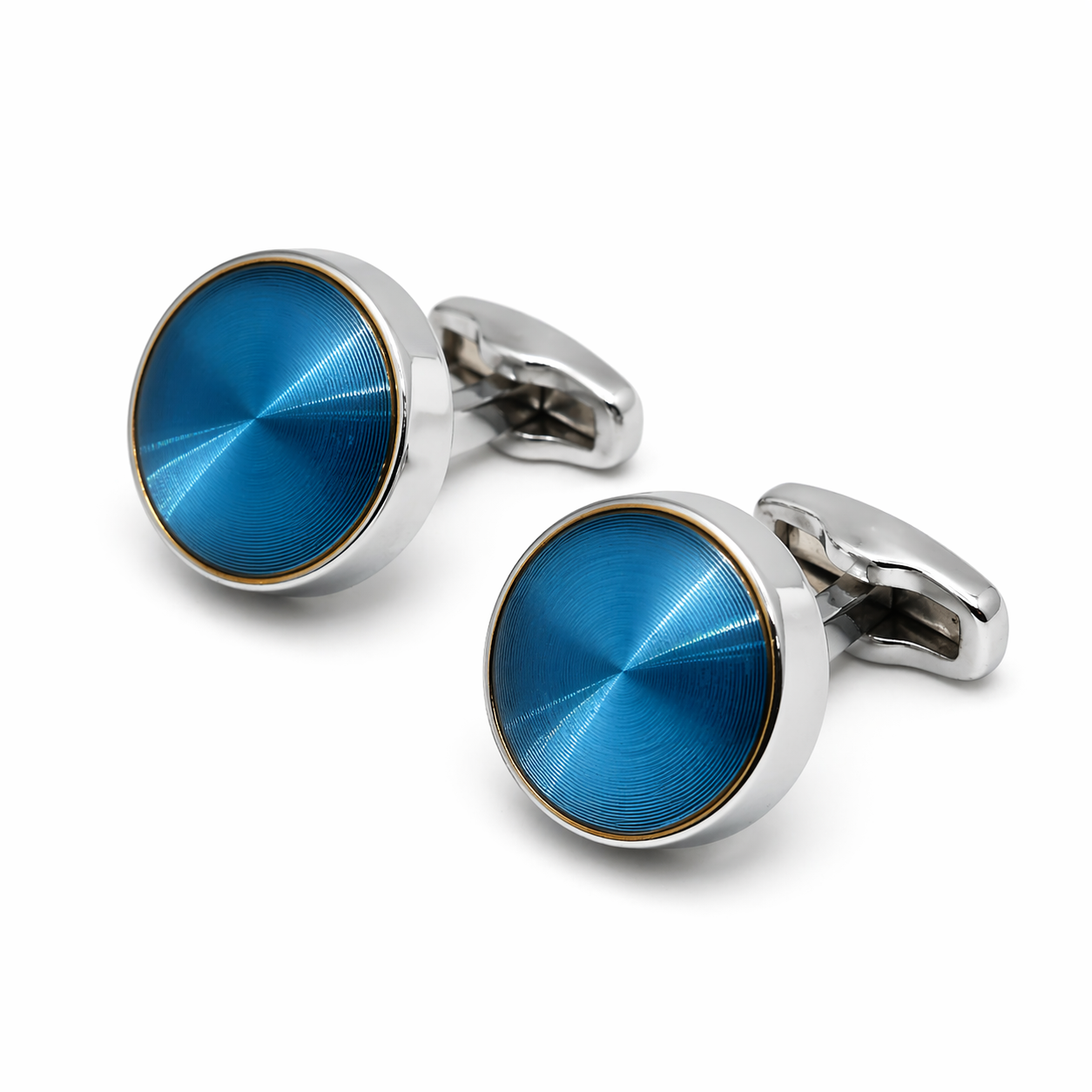 Pair of blue round cufflinks with silver detailing on a white background