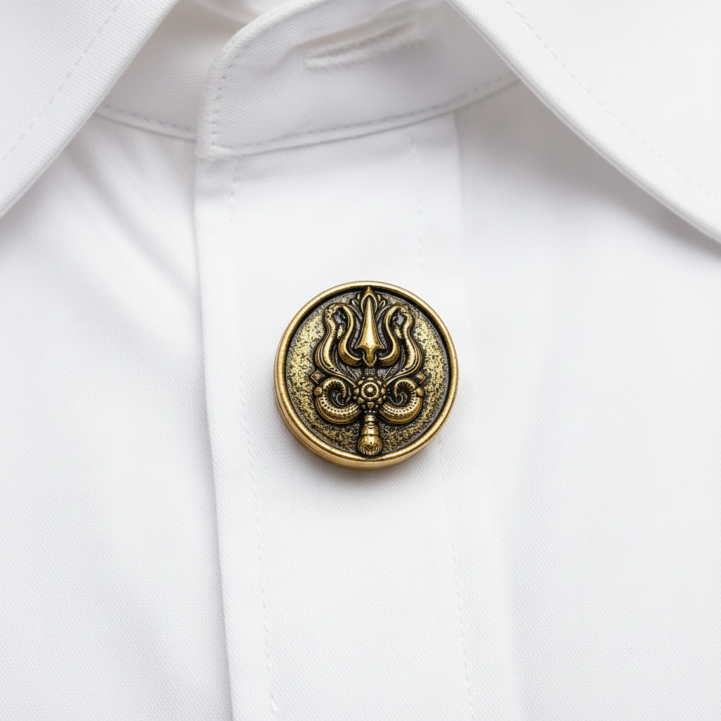 Decorative gold and black circular object with intricate design on a white background