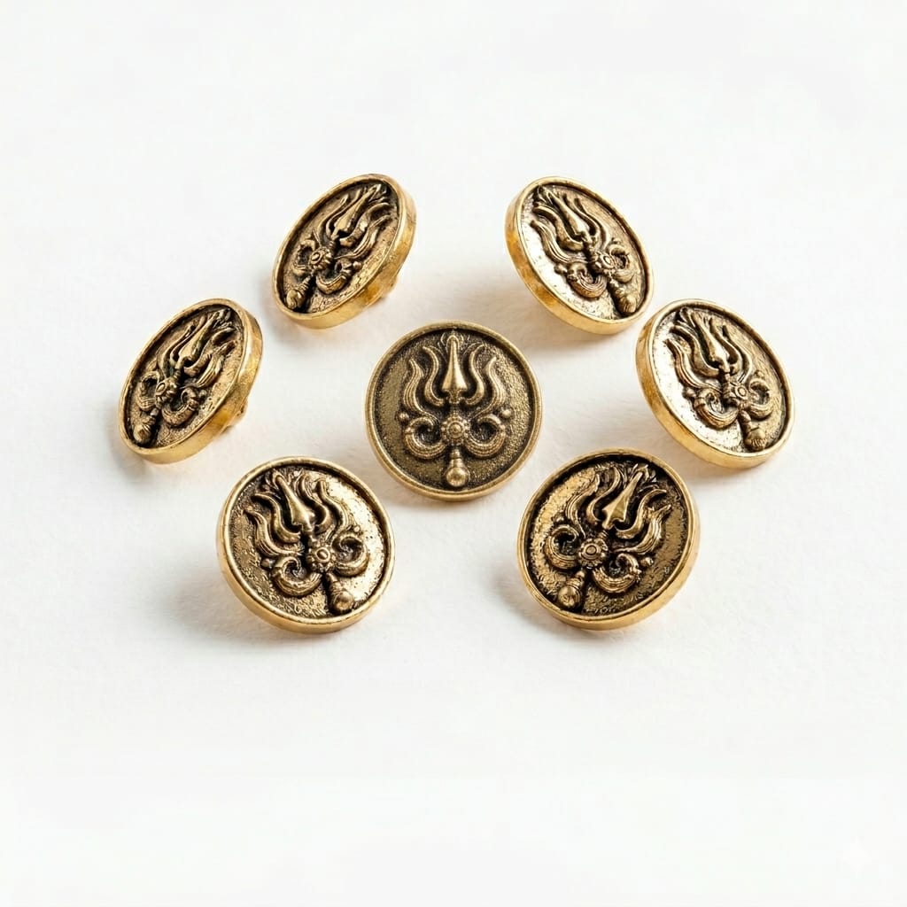 Gold buttons with intricate designs on a white background