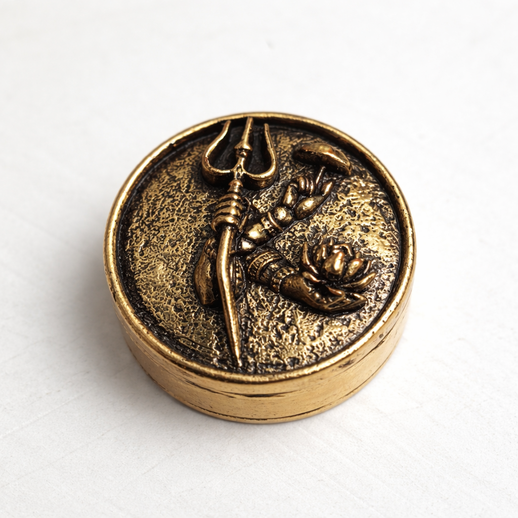 Bronze-colored decorative item with a face holding a trident on a white background
