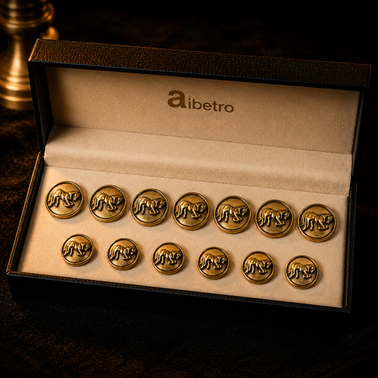 Set of gold buttons with aibetro branding on a dark background