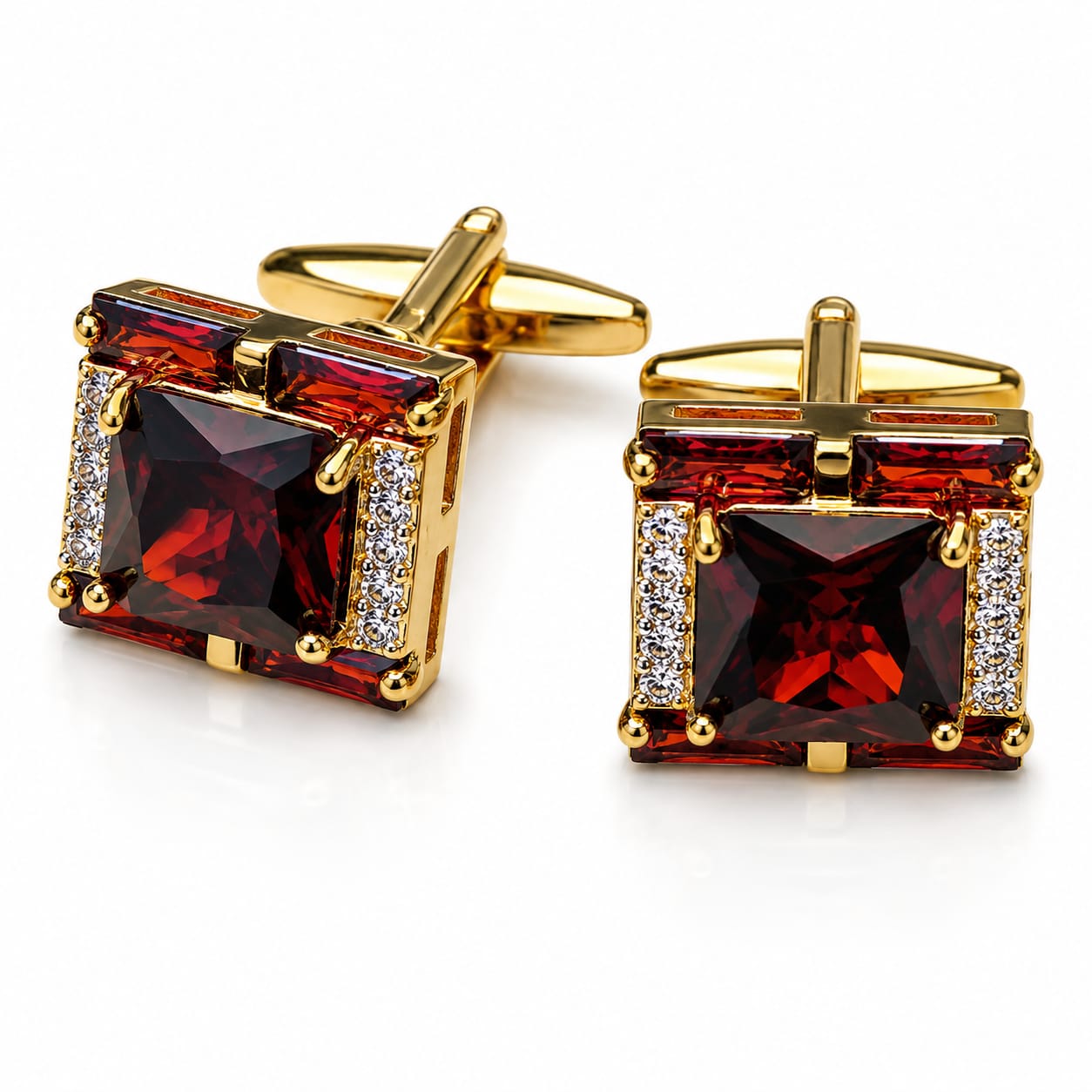 Red Garnet & Diamond Luxury Square Cufflinks