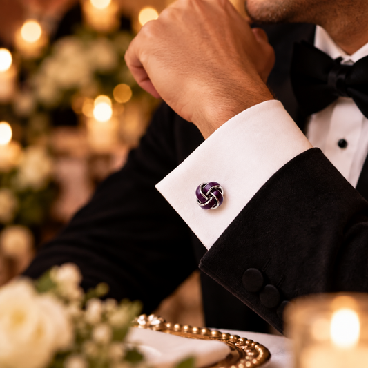 Albetro Mulberry Knot purple enamel cufflinks on a white French cuff at an evening wedding reception
