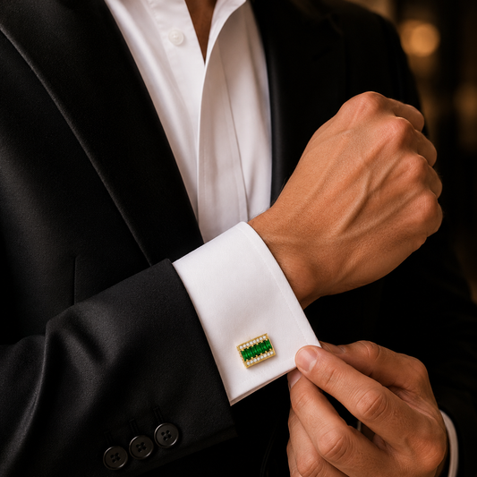 Emerald & White Crystal Rectangular Grid Cufflinks