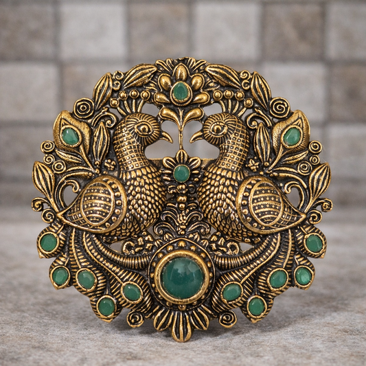 Royal Mayur Heritage Brooch – Antique Gold with Emerald Accents