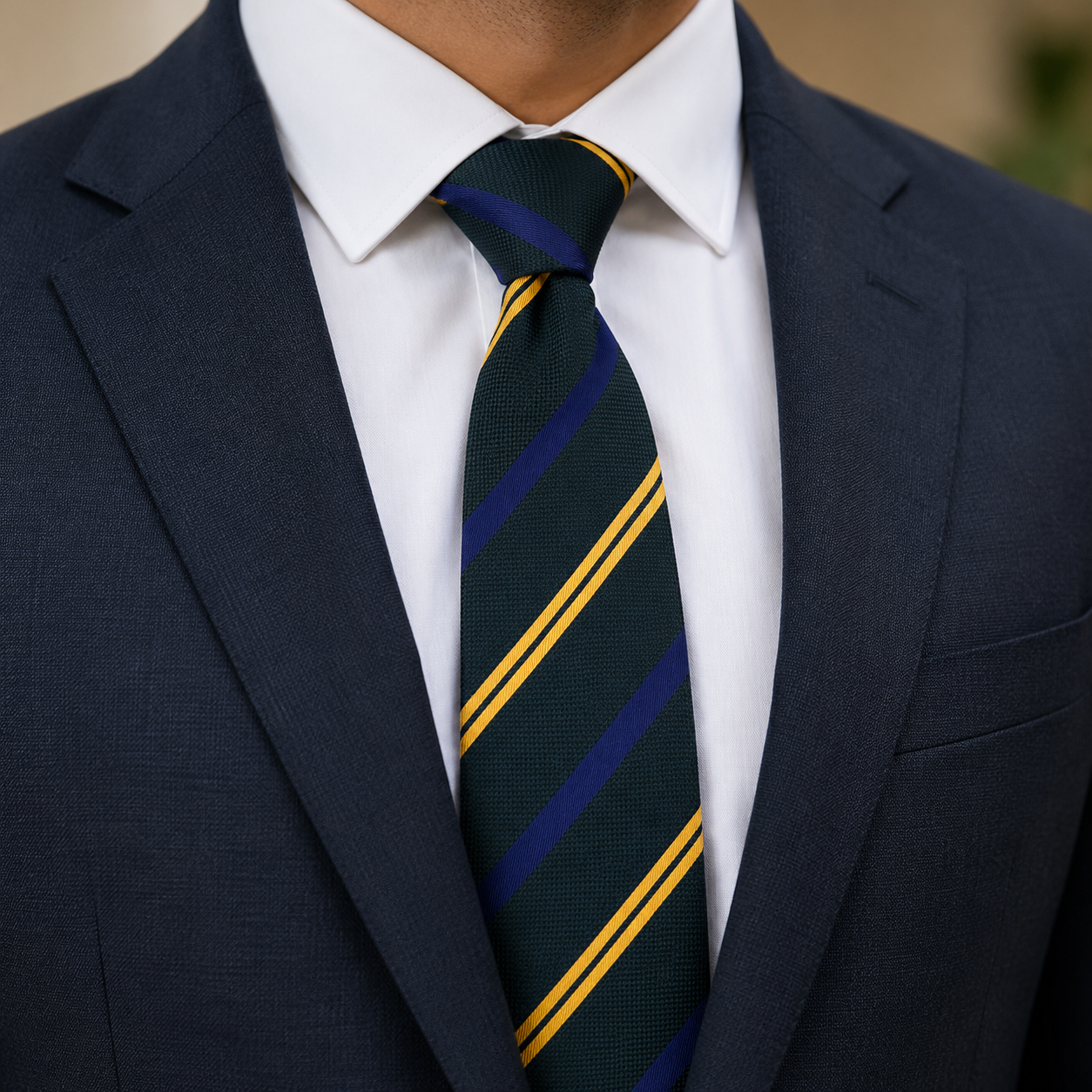 The Aranya Forest Green, Gold & Navy Regimental Stripe Tie - Model Shot