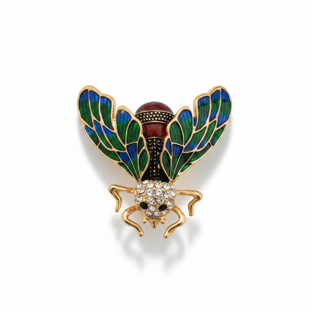 Gold bee brooch with green blue enamel wings and crystal detailing for men blazer