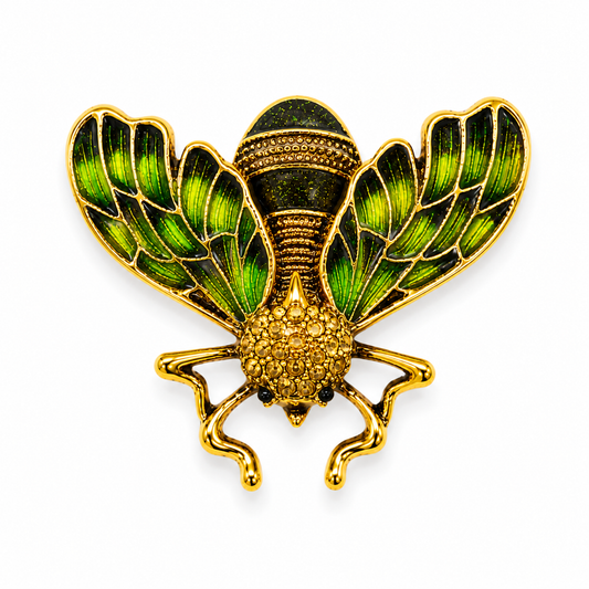 Green Enamel Bee Brooch — Antique Gold