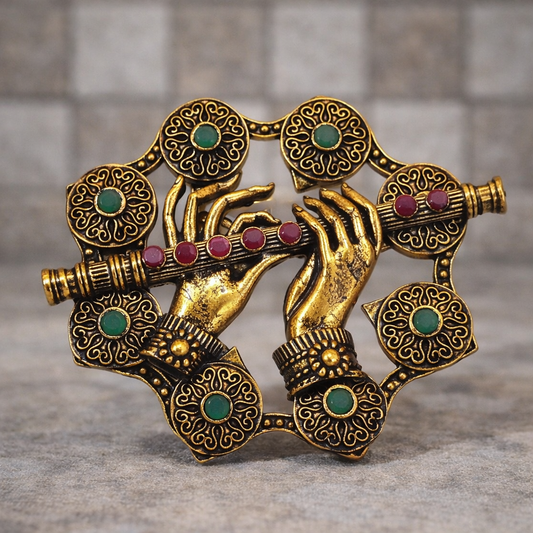 Divine Murli Hands Brooch – Antique Gold with Emerald & Ruby Accents