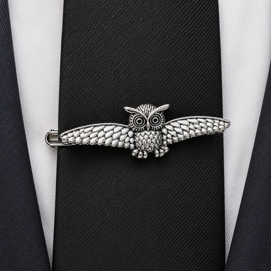 Silver owl tie clip on a black tie with white shirt