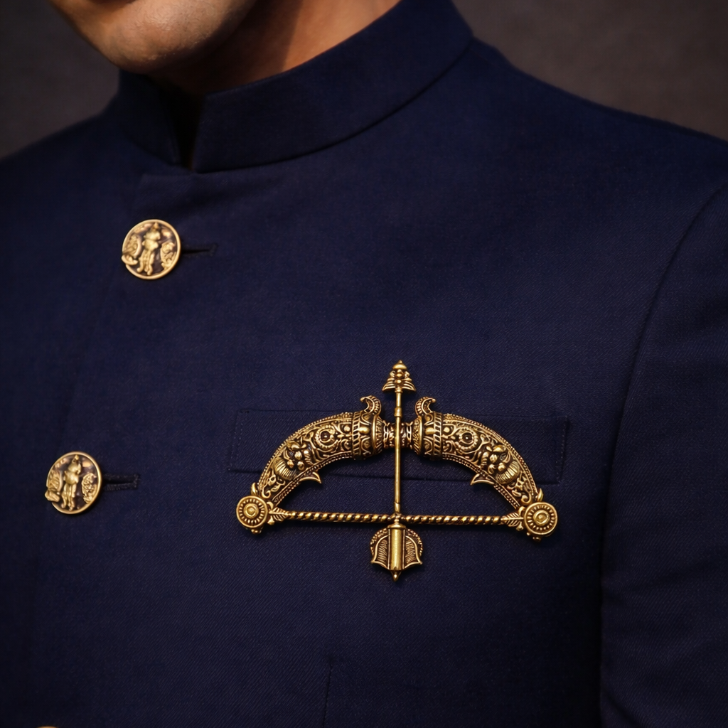 Navy blue coat with gold buttons and emblem on a dark background