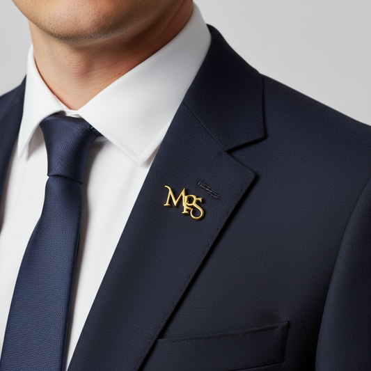 Gold 'MRS' lapel pin on a white background